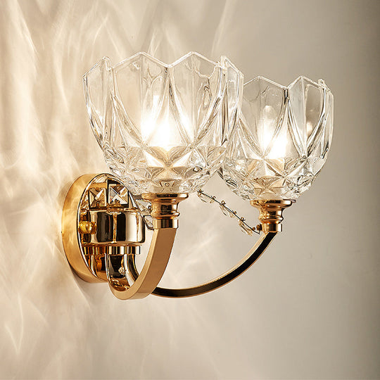 Postmodern Clear Glass Wall Mount Sconce Light With Crystal Accent - Gold Finish