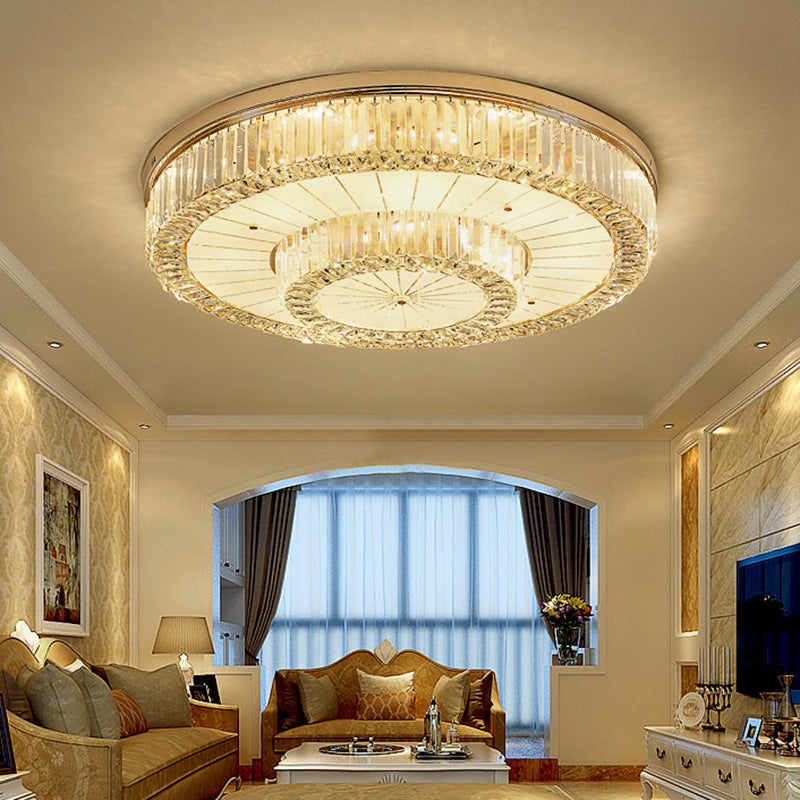 Modern Led Flush Ceiling Lamp With Clear Crystal Drum Shape For Living And Dining Room Lighting