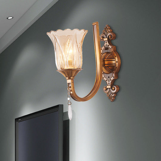 Vintage Cognac Glass Flower Wall Light With Brass Sconce Crystal Drop - 1/2 Heads