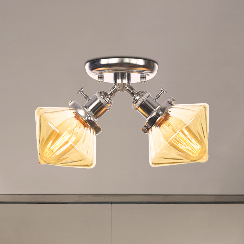 Diamond Amber/Clear Glass Semi Mount Farmhouse Light Fixture - 2-Light Flush Black/Bronze Design