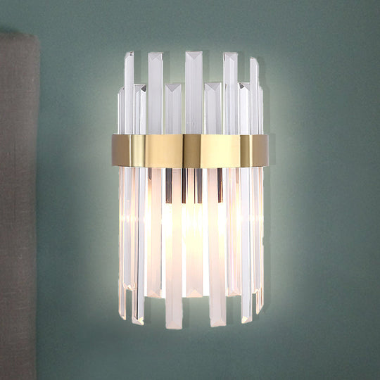 Postmodern Black/Gold Sconce Light Fixture With Crystal Rod Shade - 2 Heads Bedroom Wall