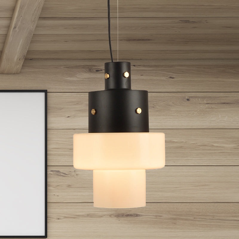 Rustic White Glass Cylinder Pendant Light For Living Room - Single Head Black Ceiling Fixture