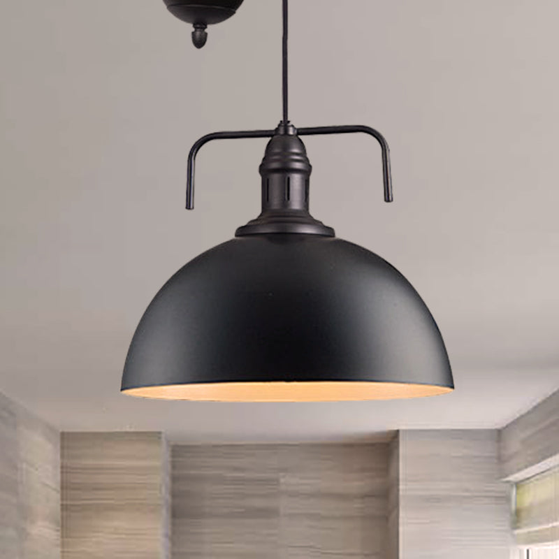 Black Dome Hanging Light - Warehouse Style Metallic Pendant With Pulley Design 8/12 Width