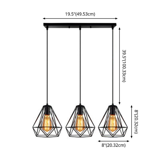 Industrial Metal Diamond Cage Pendant Light - Set Of 3 Multi Hanging Lights For Restaurants