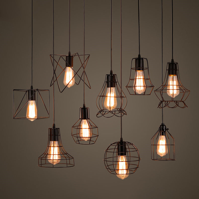 Retro Industrial Metal Cage Pendant Light Fixture - 1-Light Ceiling Hanging For Restaurants