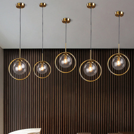 Mid-Century Design Hanging Lamp With Glass Shade And Metal Ring - Perfect For Bedroom