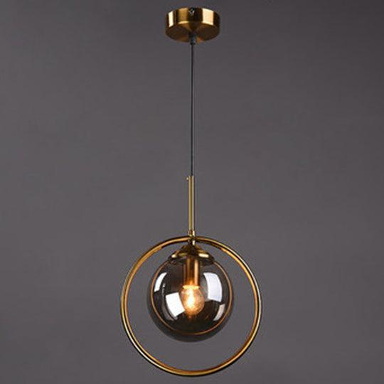 Mid-Century Globe Hanging Lamp With Glass Shade & Metal Ring - Perfect For Bedrooms