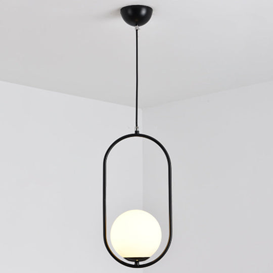 White Glass Pendant Light With Mid-Century Globe Design And Metal Ring Black / 16’