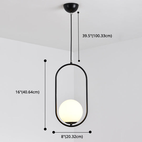 White Glass Pendant Light With Mid-Century Globe Design And Metal Ring