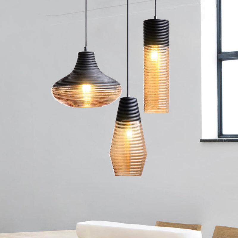 Modern Black Metal Pendant Light With Ribbed Glass Shade - 1-Light Hanging Lamp