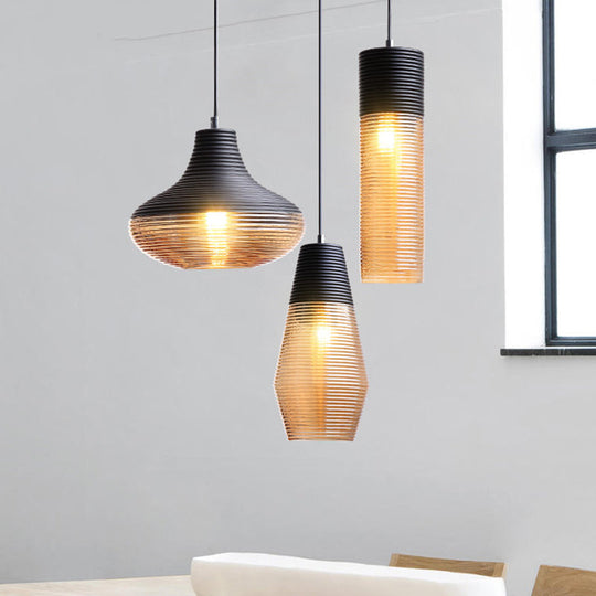 Modern Black Metal Pendant Light With Ribbed Glass Shade - 1-Light Hanging Lamp