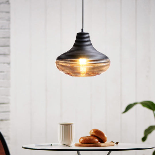 Modern Black Metal Pendant Light With Ribbed Glass Shade
