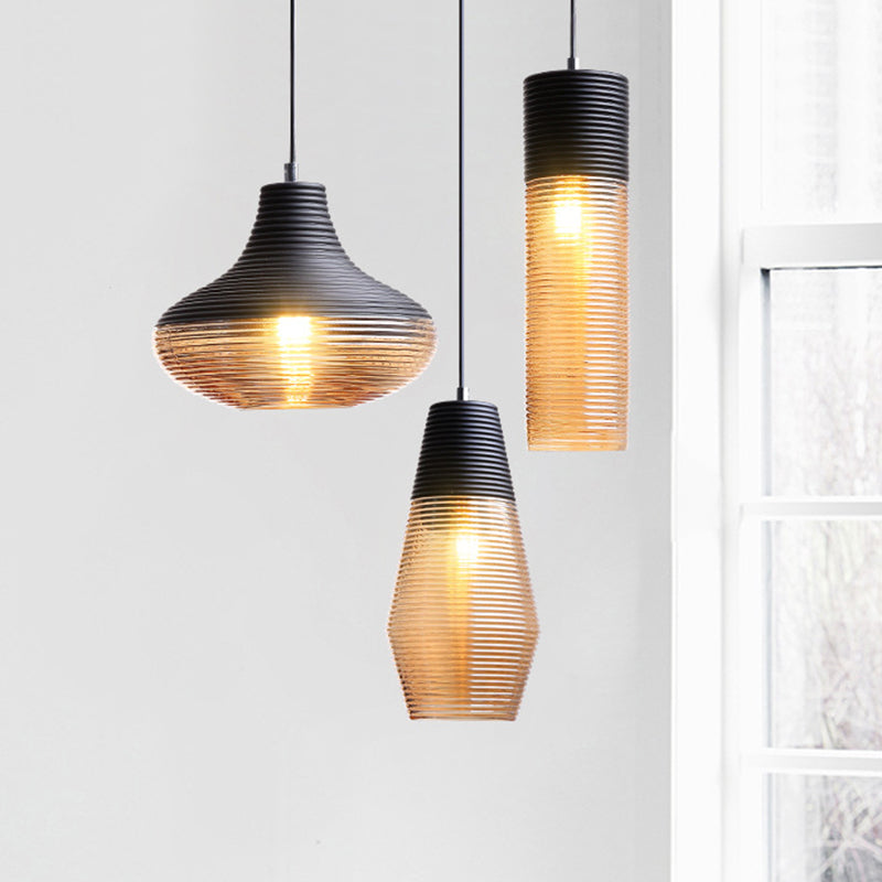 Modern Black Metal Pendant Light With Ribbed Glass Shade - 1-Light Hanging Lamp