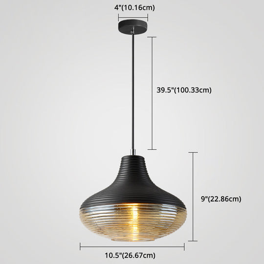 Modern Black Metal Pendant Light With Ribbed Glass Shade