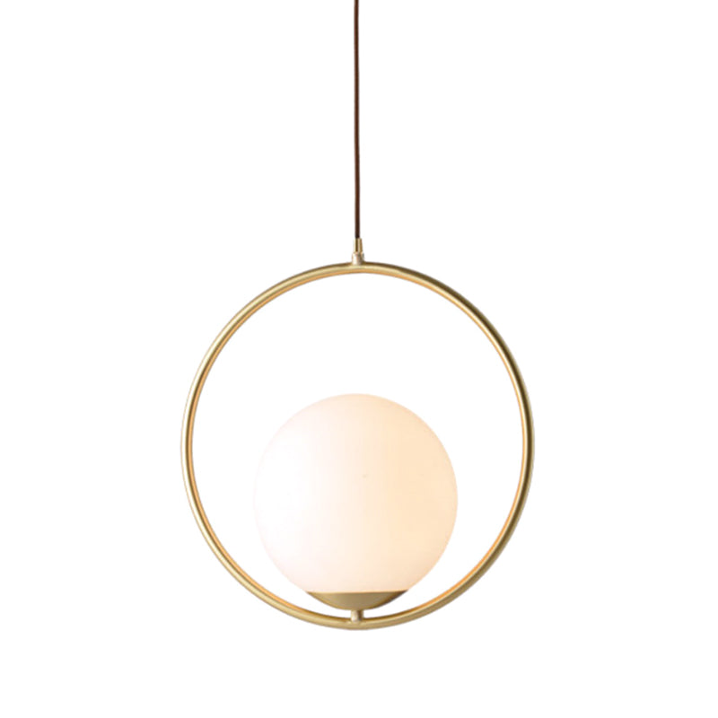 White Glass Pendant Light With Mid-Century Globe Design And Metal Ring