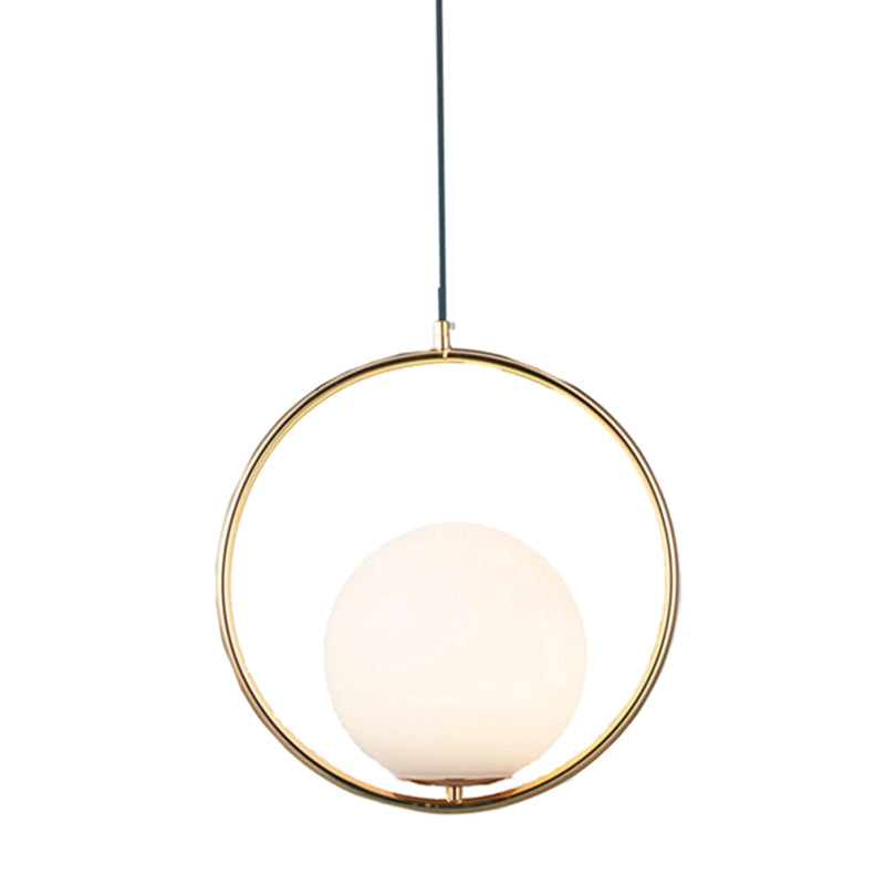 White Glass Pendant Light With Mid-Century Globe Design And Metal Ring