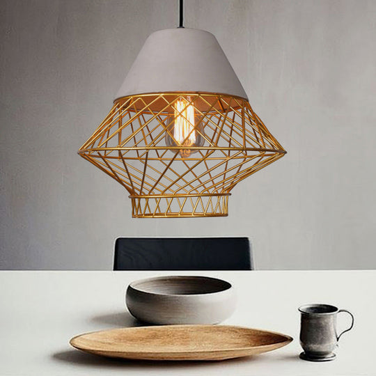 Retro Urban Wire Cage Pendant Light With Cement Top - Restaurant Hanging Lamp