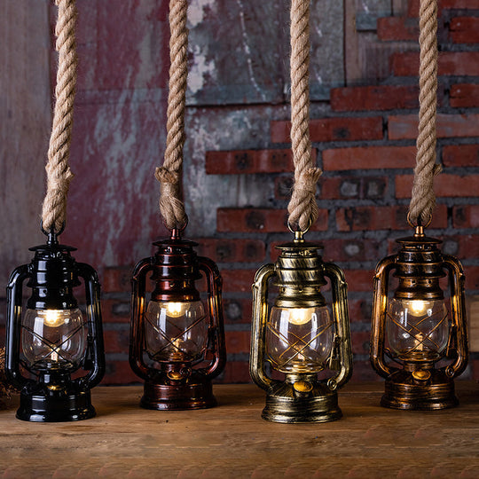 Transparent Glass Nautical Bedside Pendant Lantern Ceiling Lamp With Hemp Rope