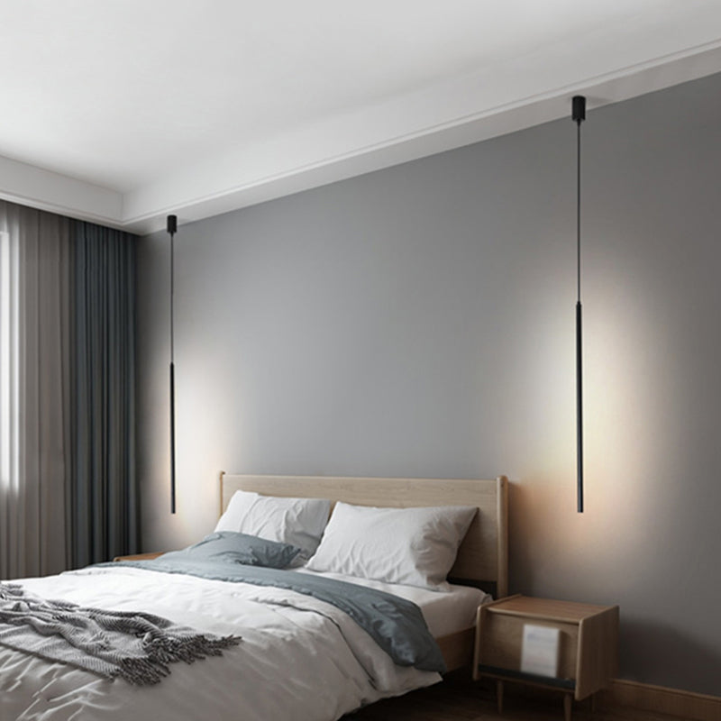 Black Led Stick Pendant: Bedroom Linear Suspension Lighting With Minimalist Metal Design