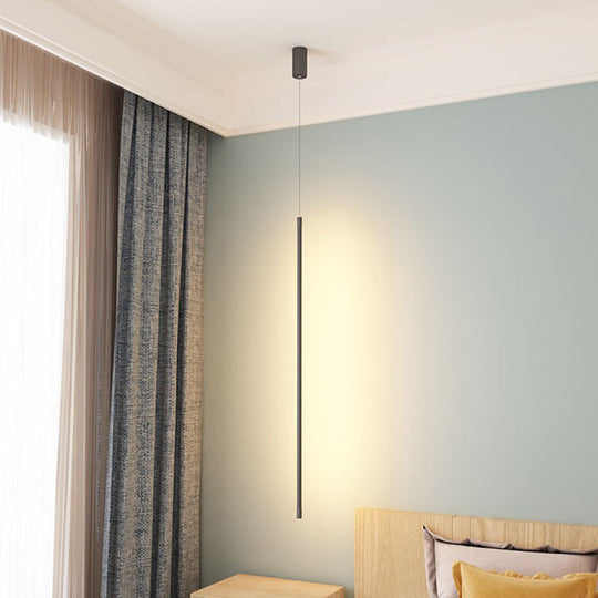 Black Led Stick Pendant: Bedroom Linear Suspension Lighting With Minimalist Metal Design