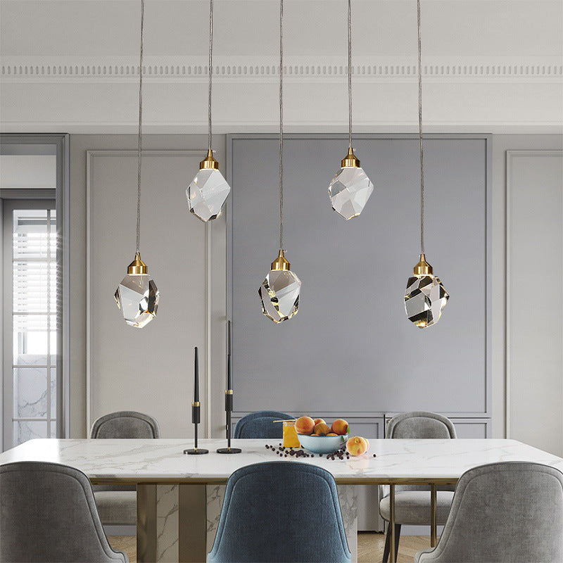 Clear Crystal Led Pendant Light For Dining Room - Elegant Stone Shape Design