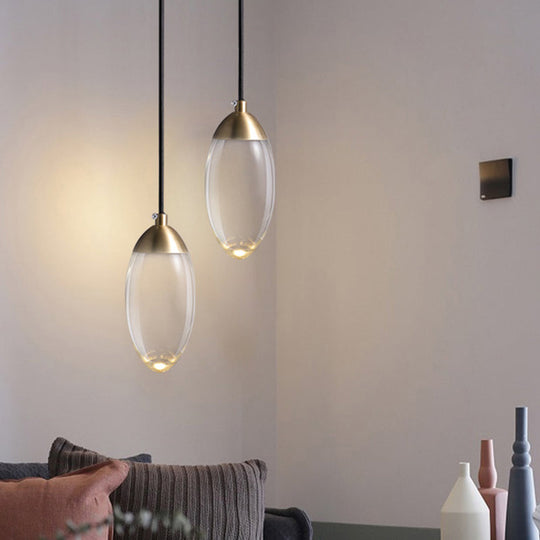 Minimalist Crystal Led Brass Ceiling Pendant - Oval Mini Suspension Lighting For Bedroom