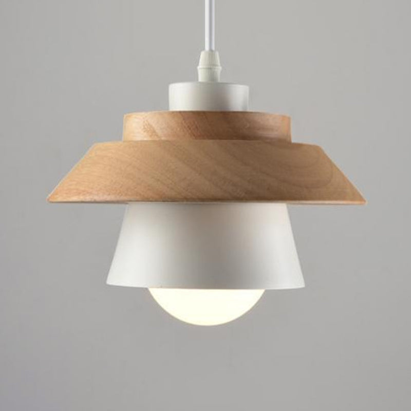 Nordic Saucer Dining Room Lamp - Metal And Wood Pendant Light White