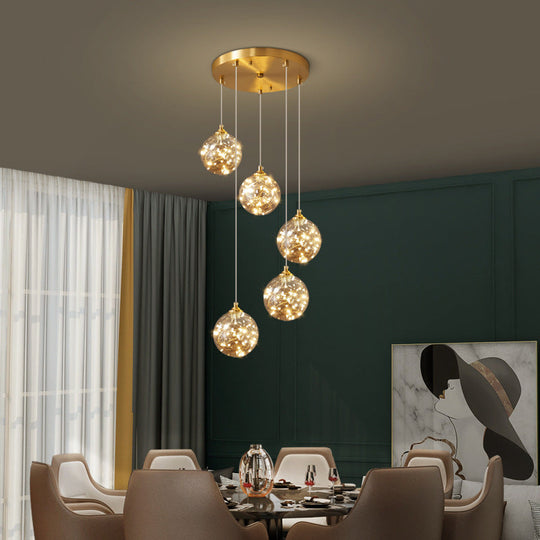 Amber Glass Led Pendant Lamp With Brass Finish - Nordic Style Lighting For Bedroom
