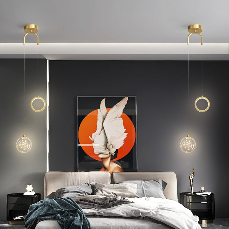Minimalist Gold Glass Ball & Ring Led Pendant - 2-Light Starry Suspension Light For Bedroom