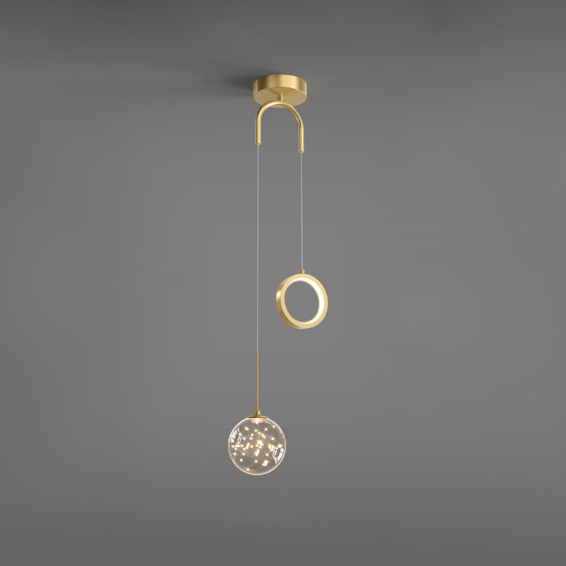 Minimalist Gold Starry Led Pendant Light For Bedroom With Glass Ball And Ring / Third Gear A