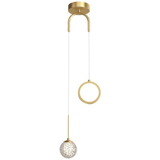 Minimalist Gold Glass Ball & Ring Led Pendant - 2-Light Starry Suspension Light For Bedroom
