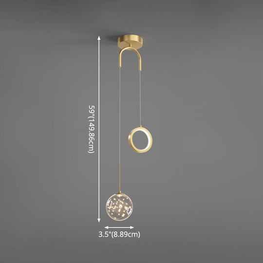 Minimalist Gold Glass Ball & Ring Led Pendant - 2-Light Starry Suspension Light For Bedroom