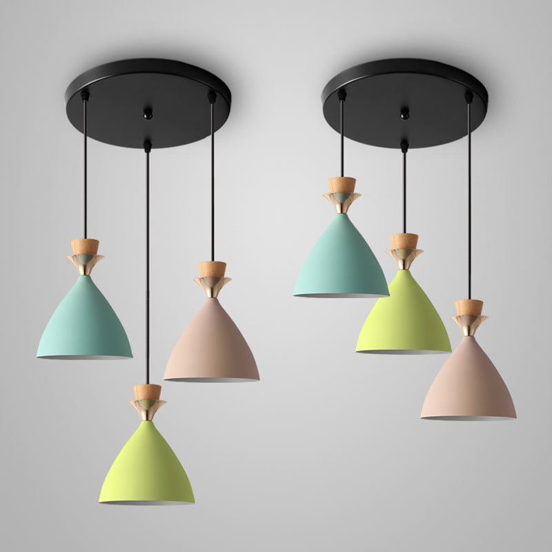 Colorful Macaroon Pendant Light With Adjustable Wire - Green Pink And Yellow 3-Light Cluster Cone