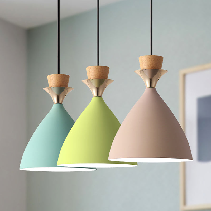 Macaroon 3-Light Cluster Pendant: Vibrant Green Pink And Yellow Cone Metal Shade Hanging Light With