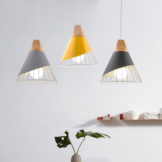 Nordic Solid Wood Macaroon Pendant Lamp With Iron Hollow Shade For Bedroom