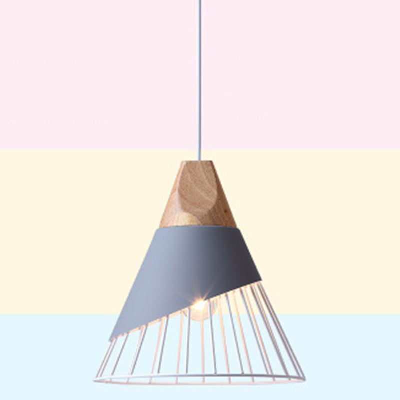 Nordic Solid Wood Macaroon Pendant Lamp With Iron Hollow Shade For Bedroom Grey