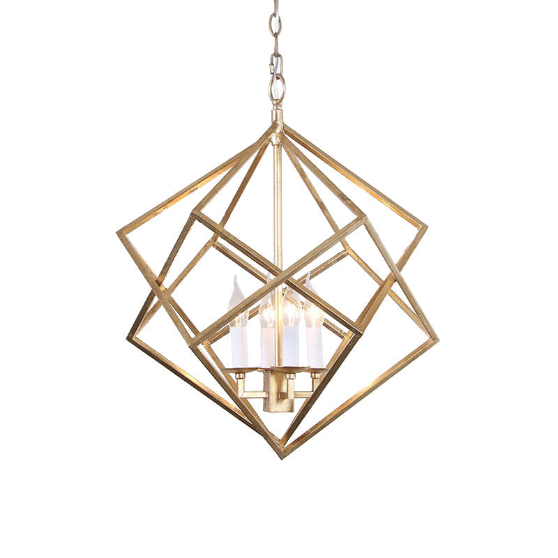 Industrial Metal Pendant Light Fixture - Prismatic/Rhombus Cage Shade 4-Light Suspension In Gold