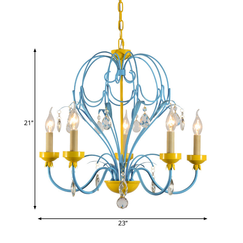 Children’s Macaron Candle Chandelier Lamp With Crystal Drop - Yellow/Blue Metallic Finish 5 Lights