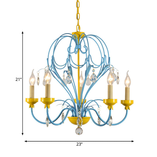 Children’s Macaron Candle Chandelier Lamp With Crystal Drop - Yellow/Blue Metallic Finish 5 Lights