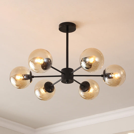 Black Metal Hanging Chandelier Light With Spherical Glass Shade For Modern Bedroom 6 / Amber
