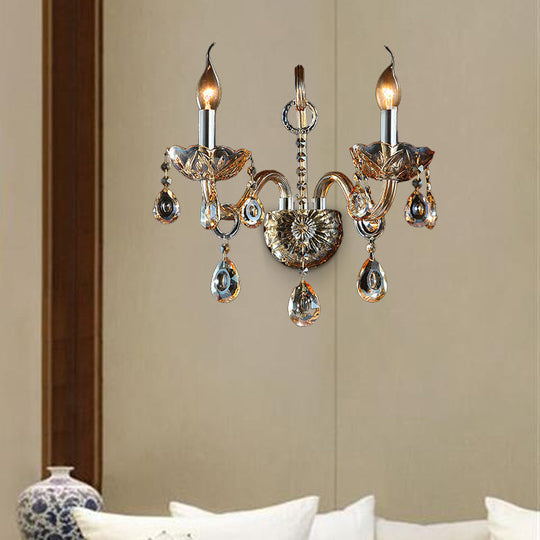 Modern Amber Glass Candle Sconce Wall Light With Crystal Drip Accent - 1/2 Heads Bedroom Fixture