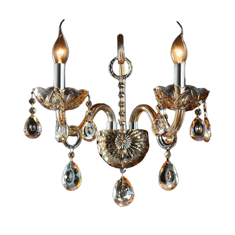 Modern Amber Glass Candle Sconce Wall Light With Crystal Drip Accent - 1/2 Heads Bedroom Fixture