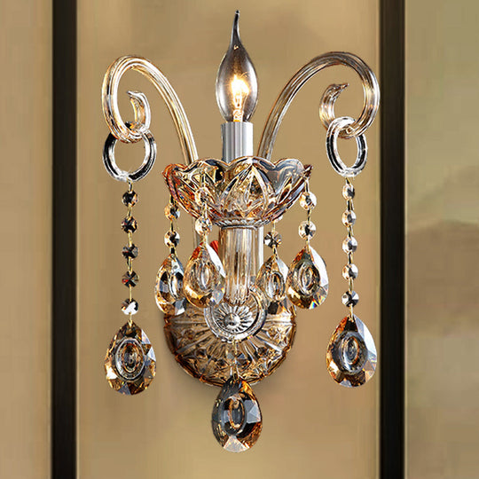Modern Amber Glass Candle Sconce Wall Light With Crystal Drip Accent - 1/2 Heads Bedroom Fixture