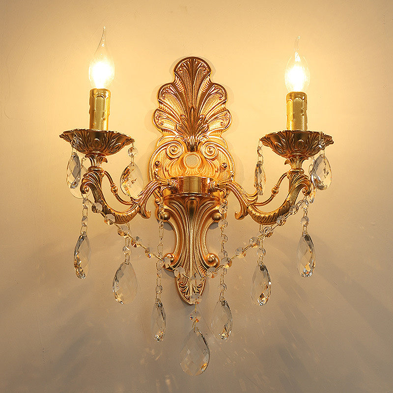 Postmodern Brass Wall Sconce With Crystal Drip Accent - Candelabra Style 1/2 Head Design For Living