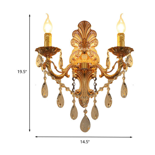 Postmodern Brass Wall Sconce With Crystal Drip Accent - Candelabra Style 1/2 Head Design For Living