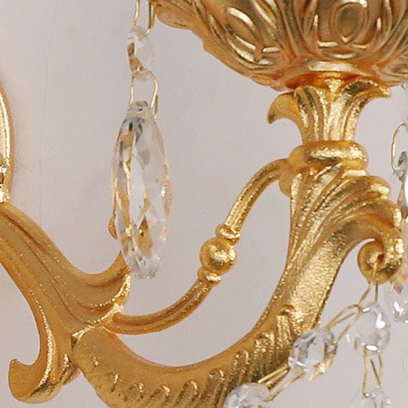 Postmodern Brass Wall Sconce With Crystal Drip Accent - Candelabra Style 1/2 Head Design For Living