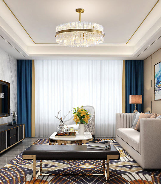 Modern Gold Metal Round Crystal Pendant Light For Living Room