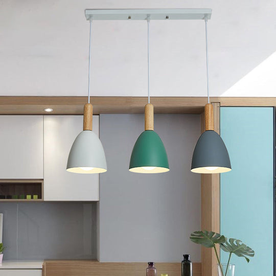 Macaroon Wood Dome Pendant Light Fixture - 3-Light Hanging Lamp For Living Room White-Grey-Green