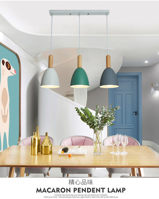 Macaroon Wood Dome Pendant Light Fixture - 3-Light Hanging Lamp For Living Room