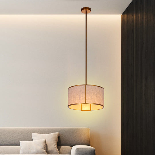 Minimalist Single-Light Fabric Drum Pendant For Living Room With 47 Carbon Steel Rod